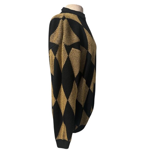 Vintage Alfred Dunner Black & Gold Argyle Knit Sweater | Made in USA | XL | Lure - Picture 6 of 11